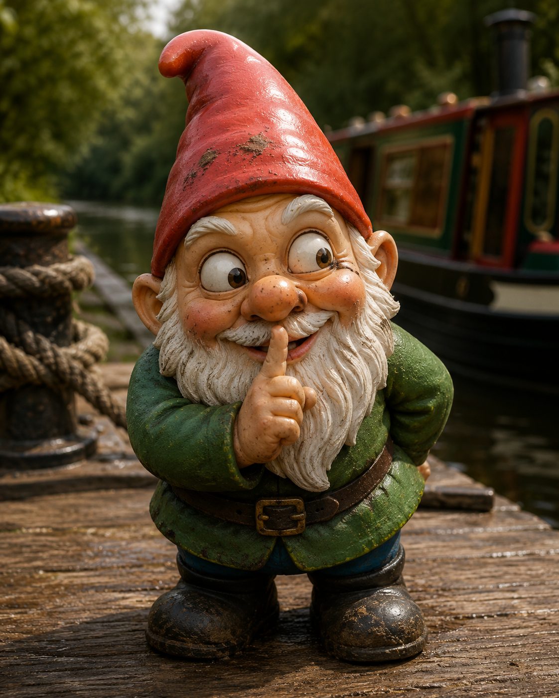 Naughty Nigel the Gnome, a finger raised to his lips, on a canal towpath beside a narrowboat.